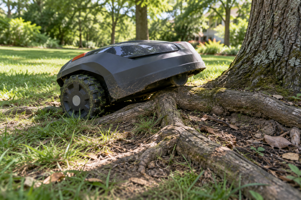 Robot mower stuck on exposed tree roots under a mature tree
