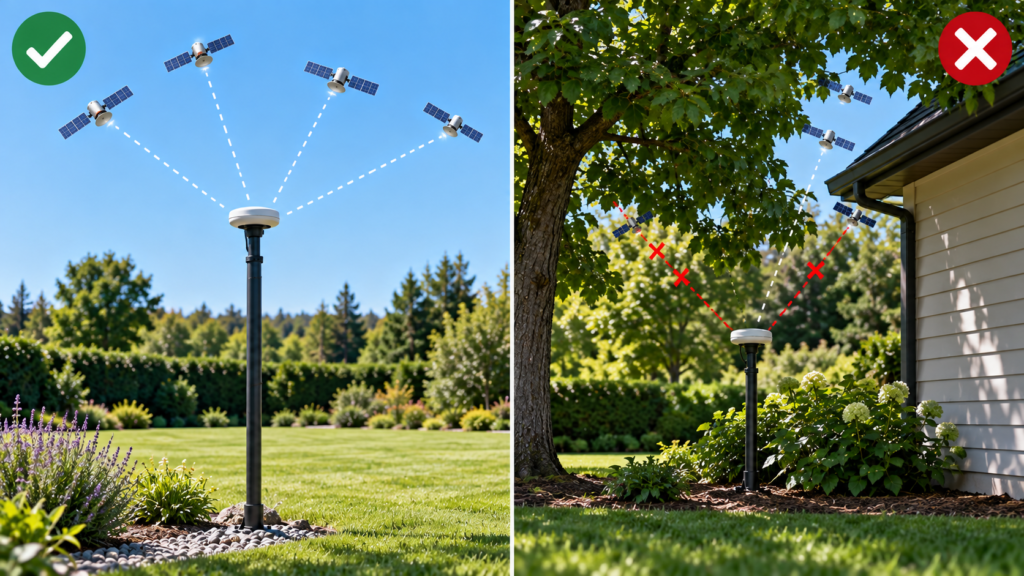 Good and bad RTK base station placement for a robot mower
