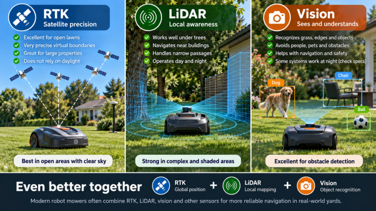 RTK vs LiDAR vs Vision robot mower navigation comparison