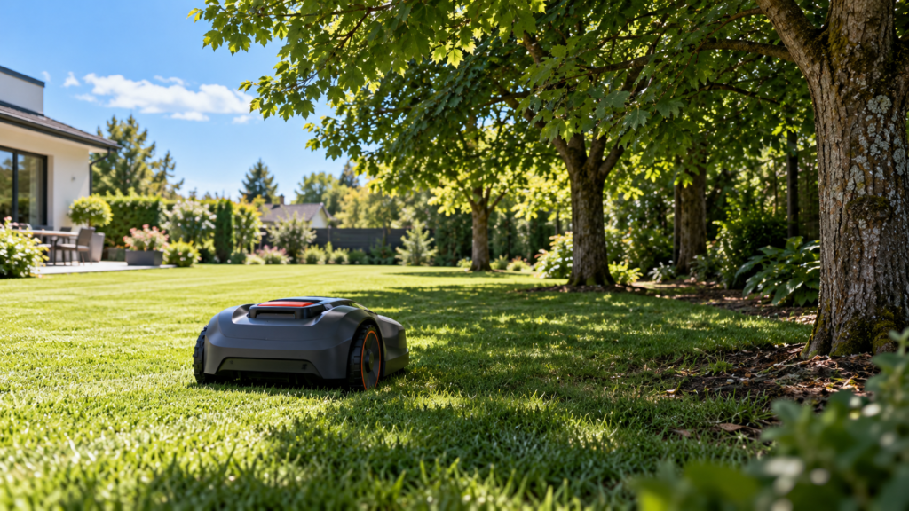 Robot mower moving from open lawn into a tree-covered shaded area