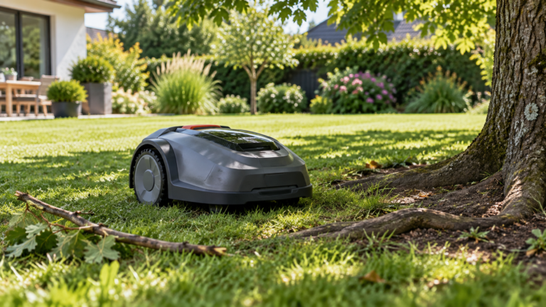 Robot mower stopped near tree roots and a fallen branch