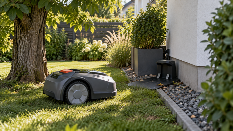Robot mower approaching a charging station beside a house and tree