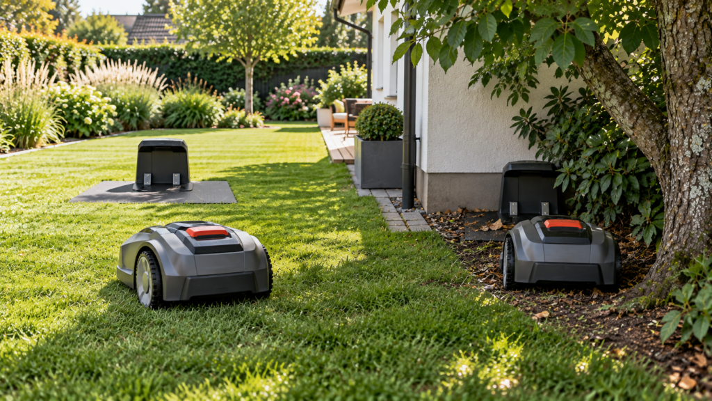Good and poor robot mower charging station placement in a yard