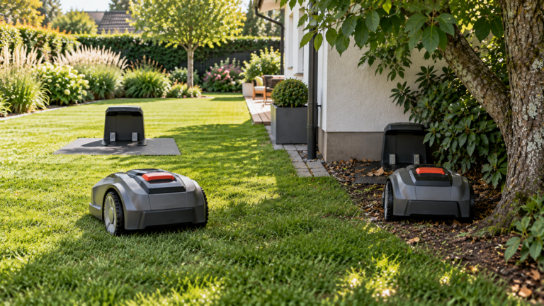 Good and poor robot mower charging station placement in a yard