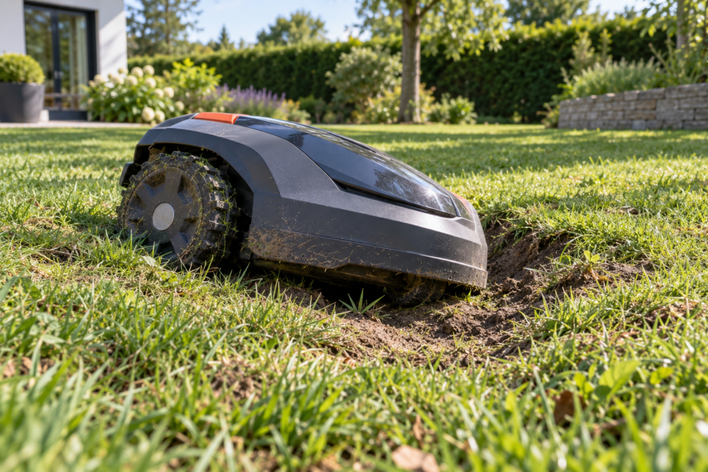 Robot mower stuck in a rut on uneven ground